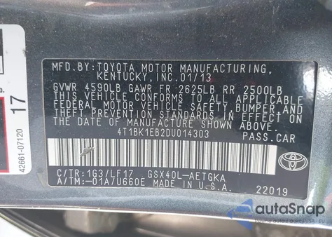 2013 Toyota Avalon Xle Premium z USA, uszkodzony, nr VIN 4T1BK1EB2DU014303